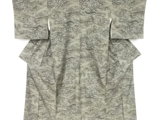 屋敷風景模様織り出し　手織り紬着物